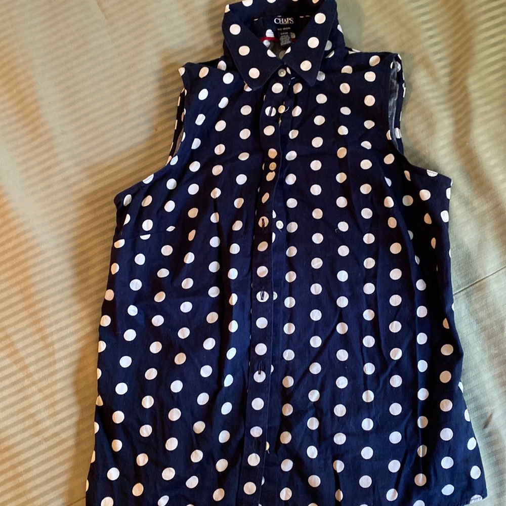 Chaps Sleeveless Blue and White Polka Dot Fitted Blouse.  Cotton